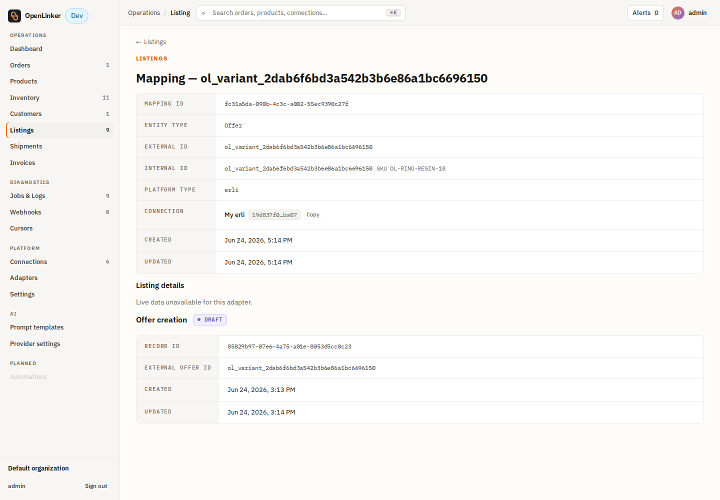 Erli listing detail in OpenLinker — mapping + DRAFT offer-creation status