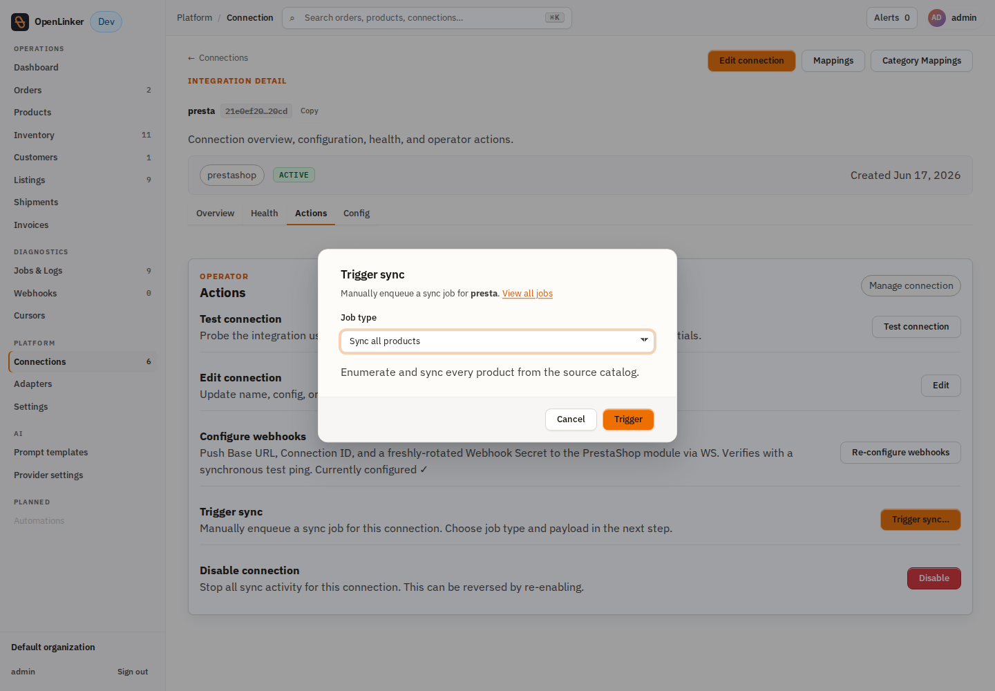Trigger-sync dialog on the PrestaShop connection — choose the job type, then Trigger
