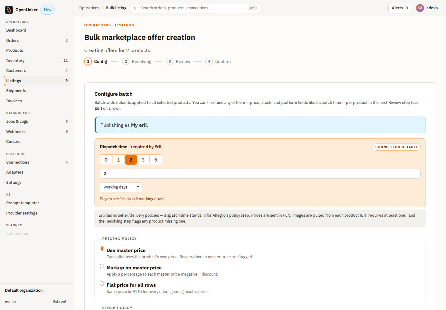 Bulk offer creation — Config step (Erli dispatch time + pricing/stock policies)