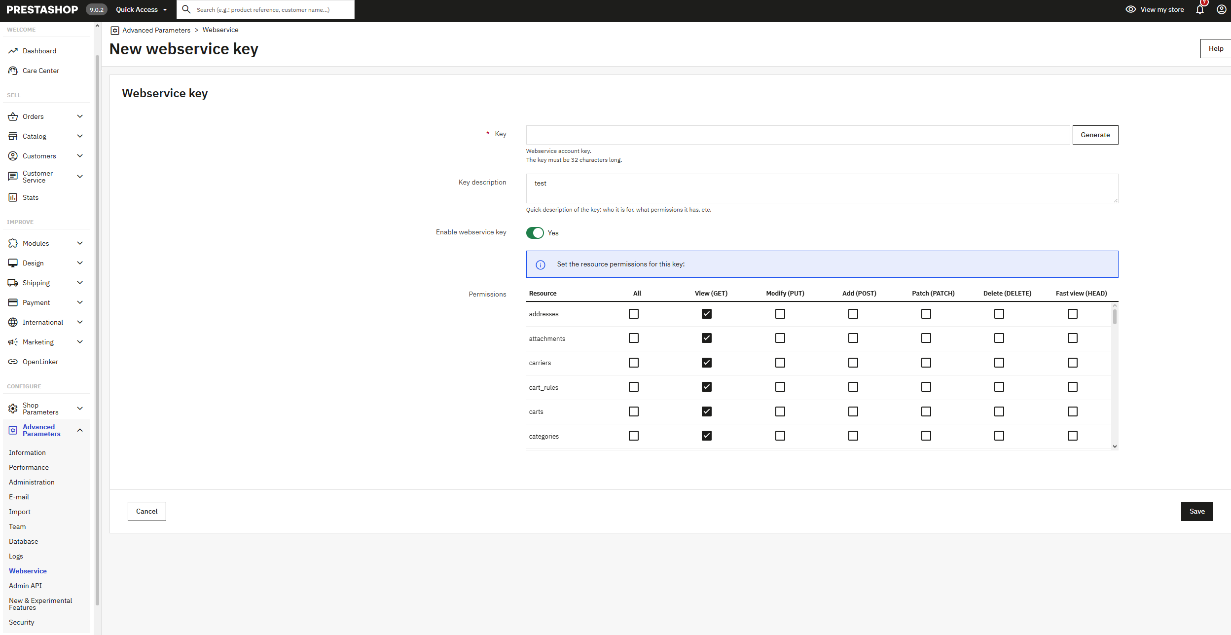 PrestaShop webservice key permission grid — View ticked on all resources