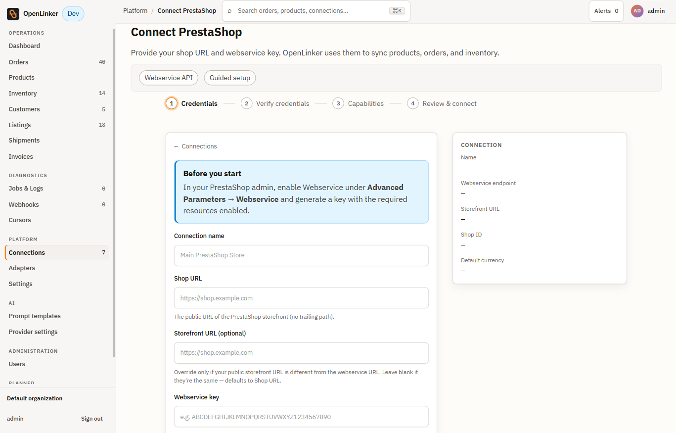 Connect PrestaShop form — connection name, Shop URL, Storefront URL, Webservice key