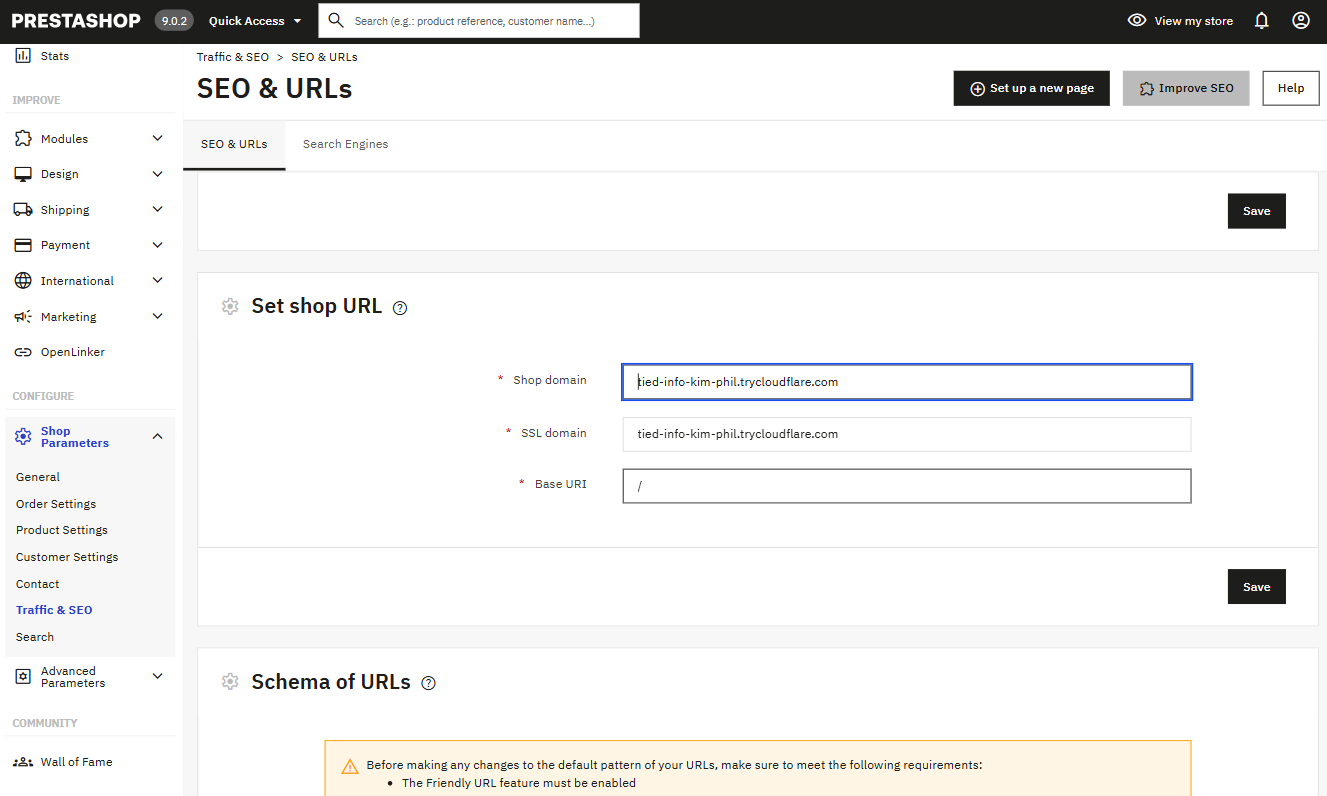 PrestaShop "Set shop URL" screen — Shop domain / SSL domain fields under Traffic & SEO → SEO & URLs