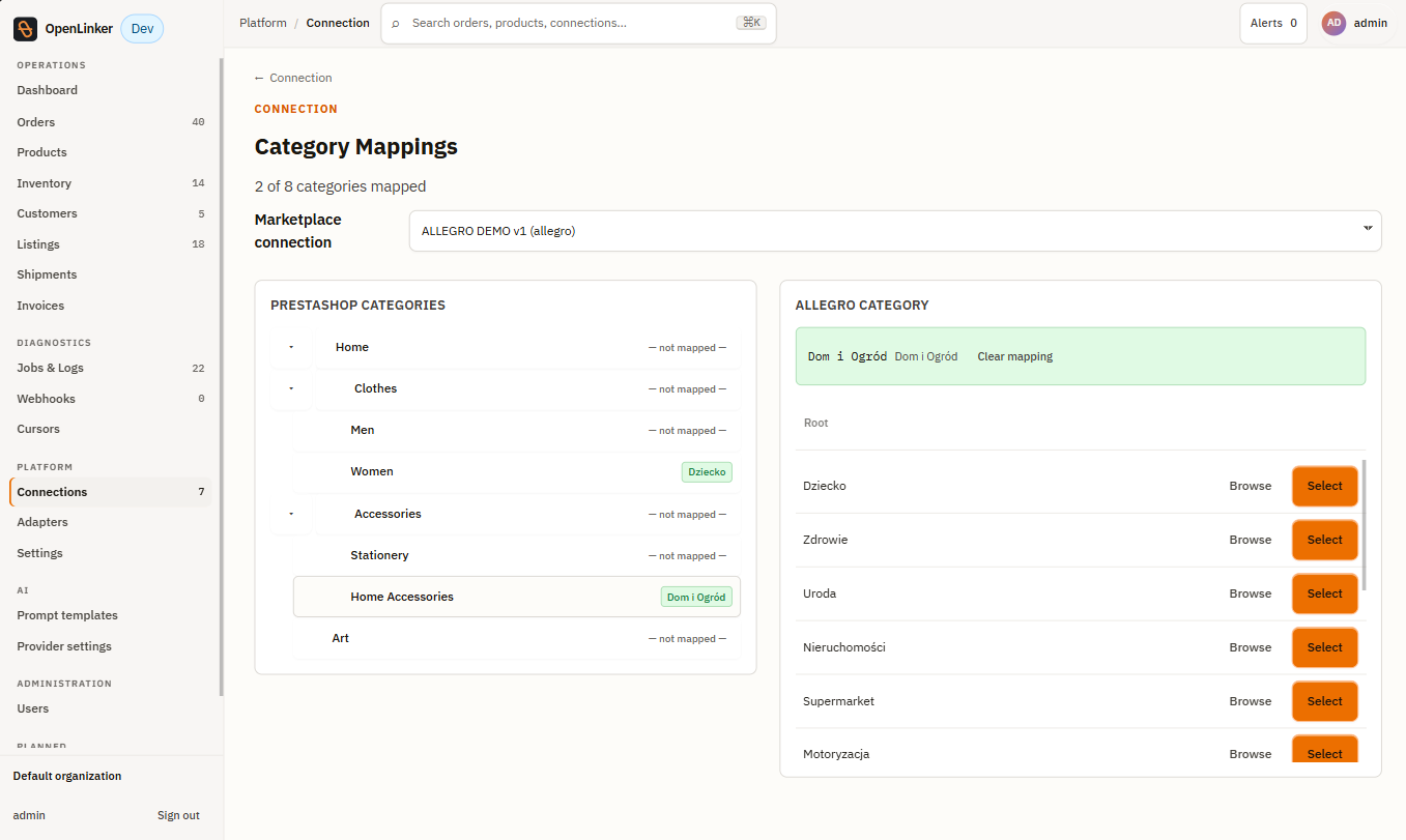 Category Mappings — PrestaShop category tree on the left, Allegro category browser on the right