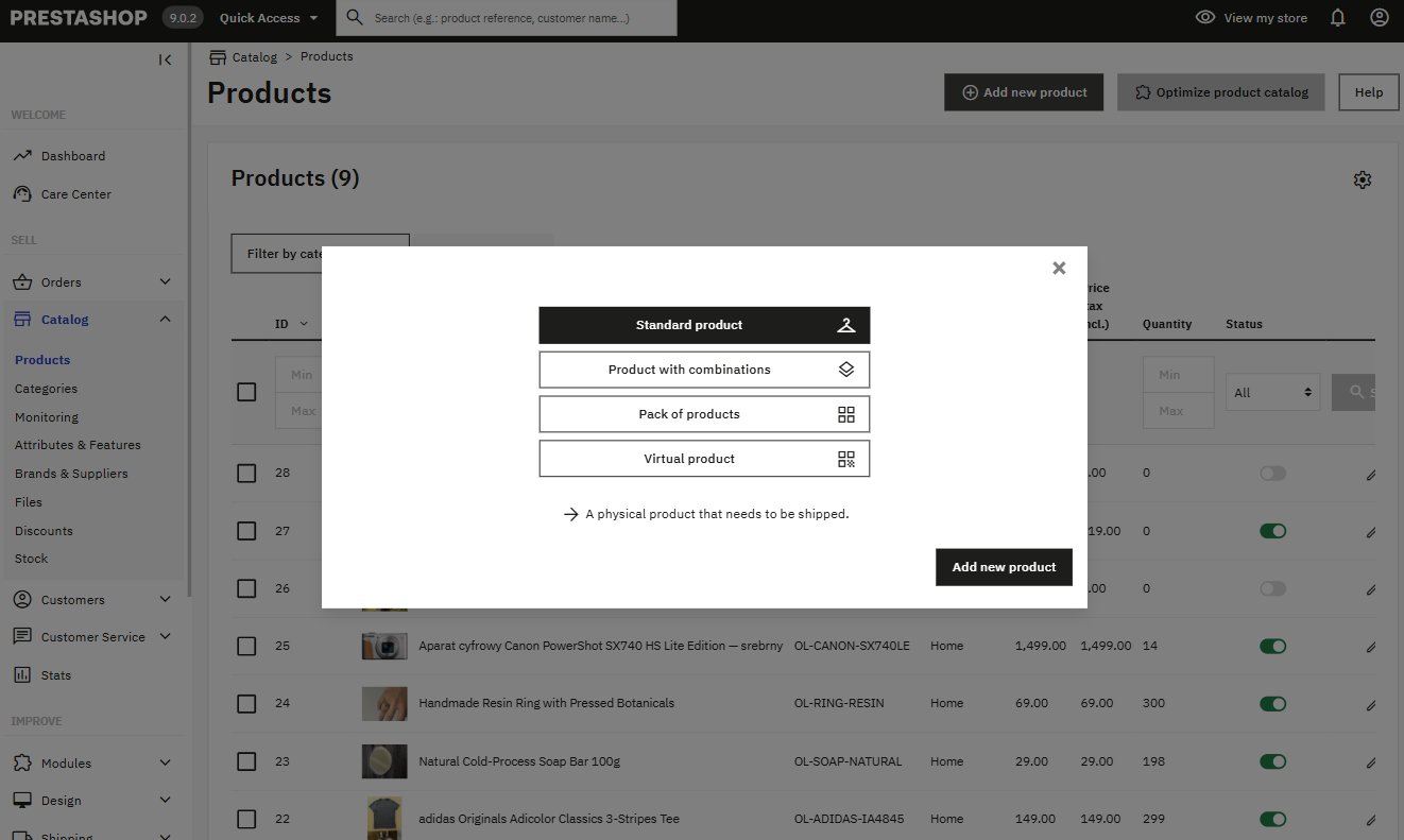 PrestaShop "Add new product" type picker — Standard product / Product with combinations / Pack / Virtual product