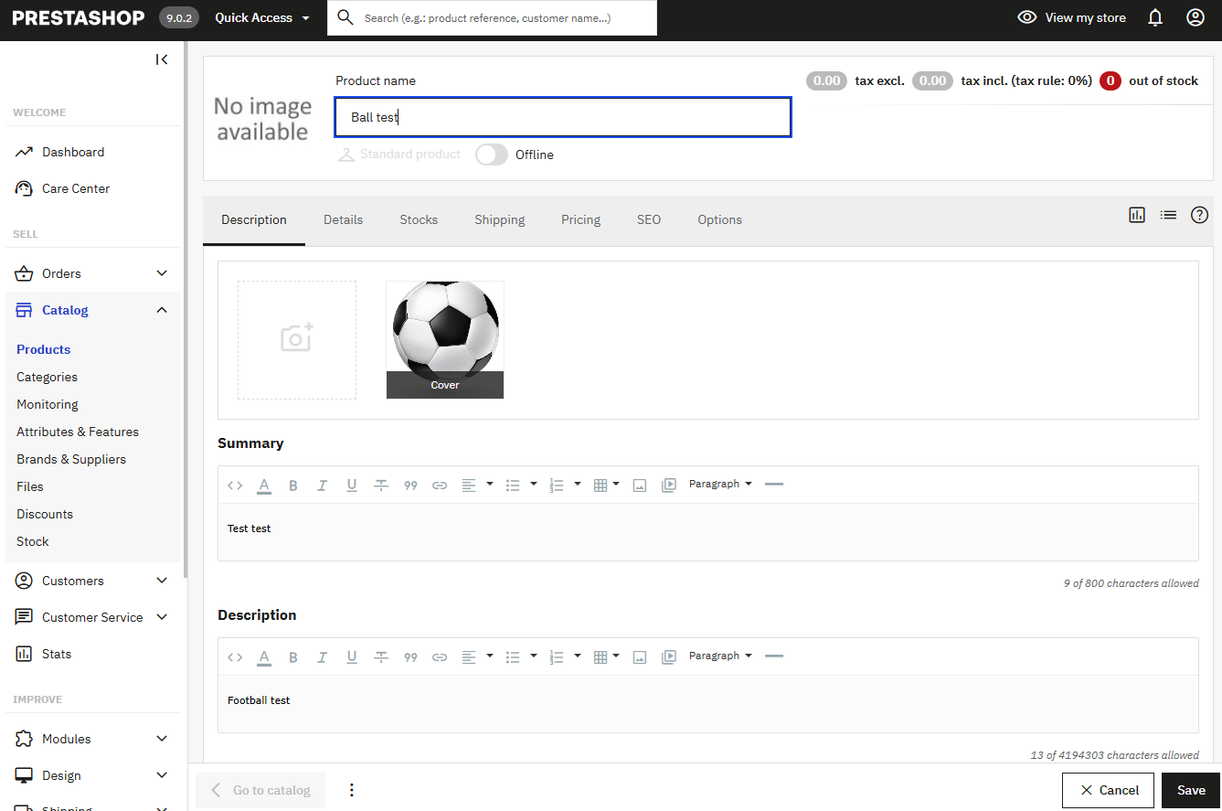 PrestaShop product edit — Description tab with a cover image, summary, and description