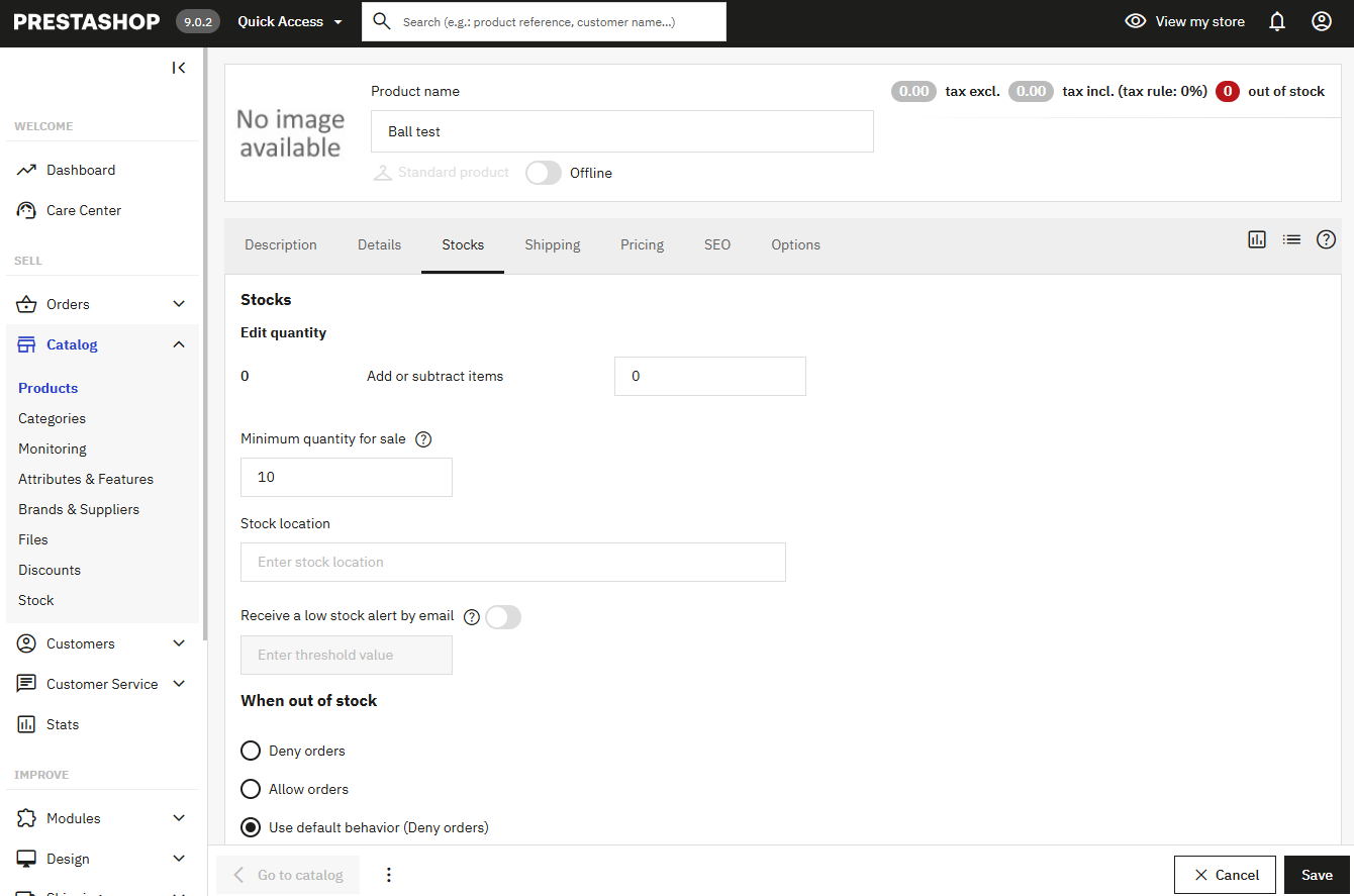 PrestaShop product edit — Stocks tab with quantity fields