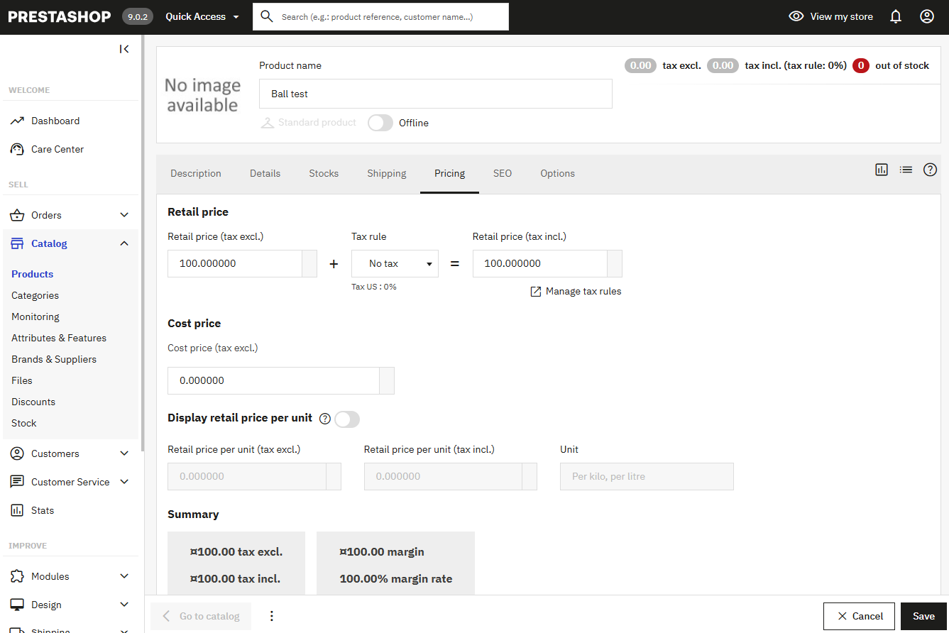 PrestaShop product edit — Pricing tab with retail price fields