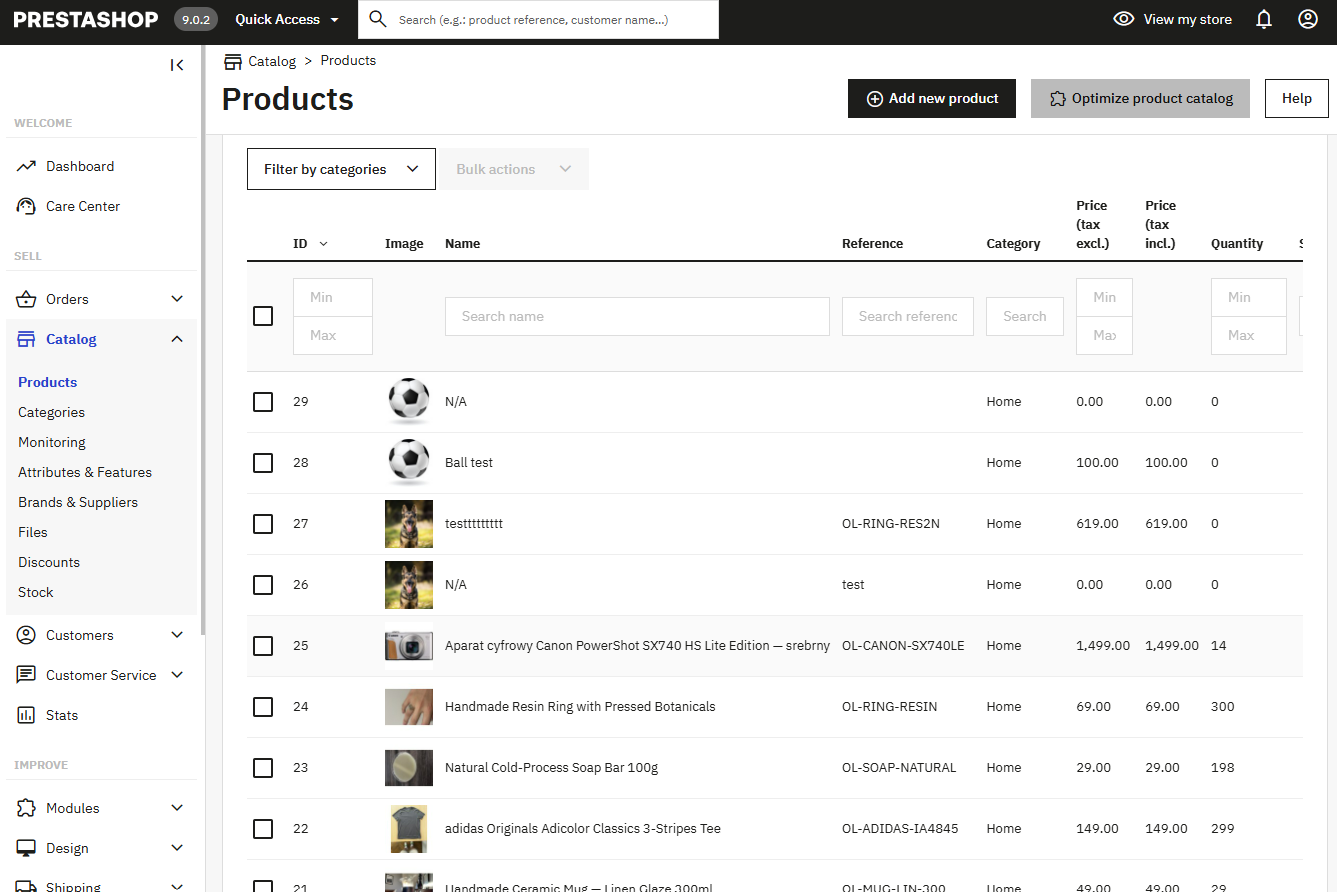 PrestaShop Products list showing the new test product