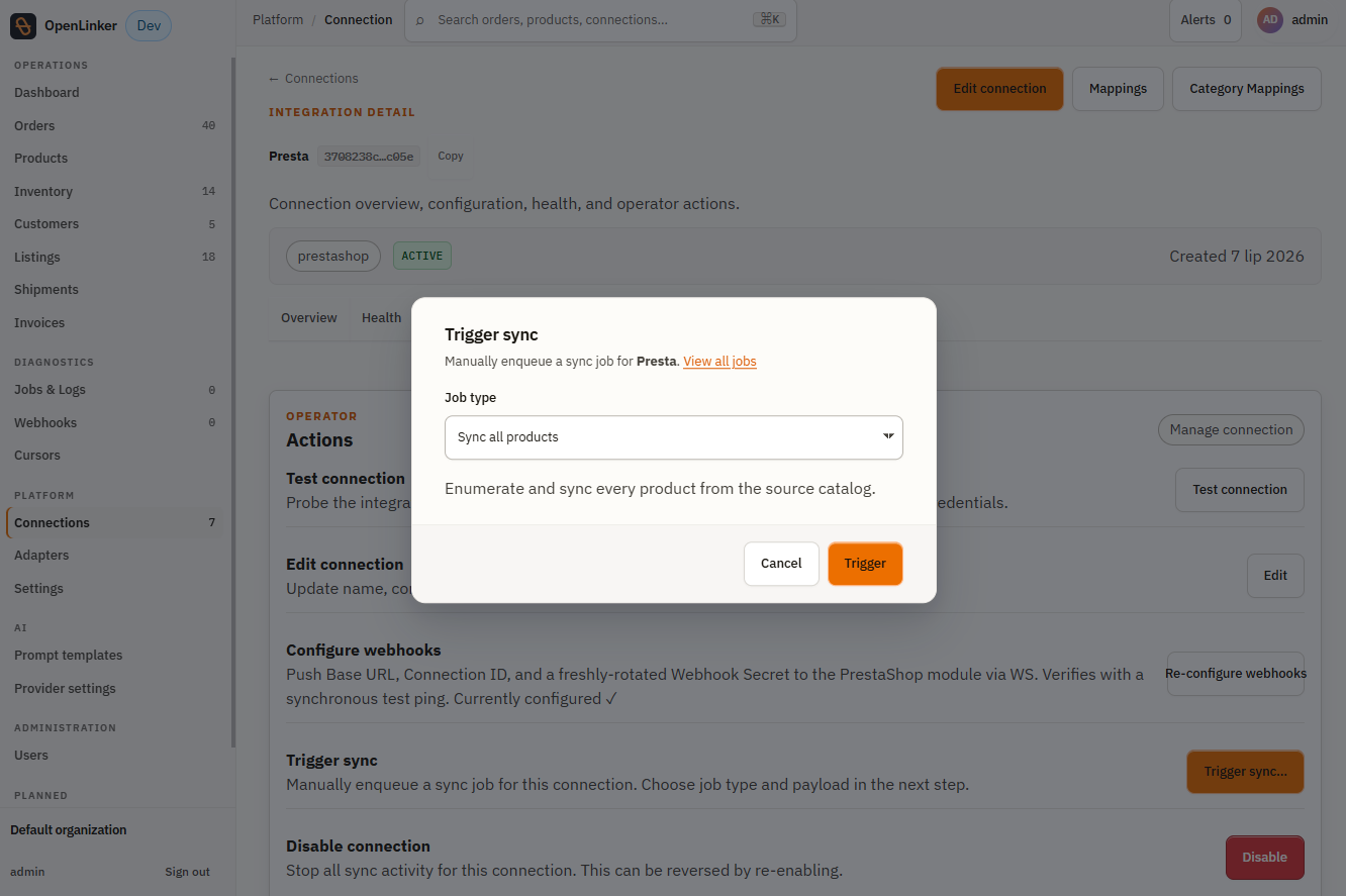 OL connection detail — Trigger sync modal with "Sync all products" job type selected