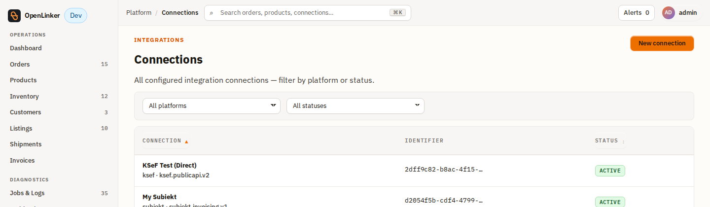 Connections list with the Subiekt connection