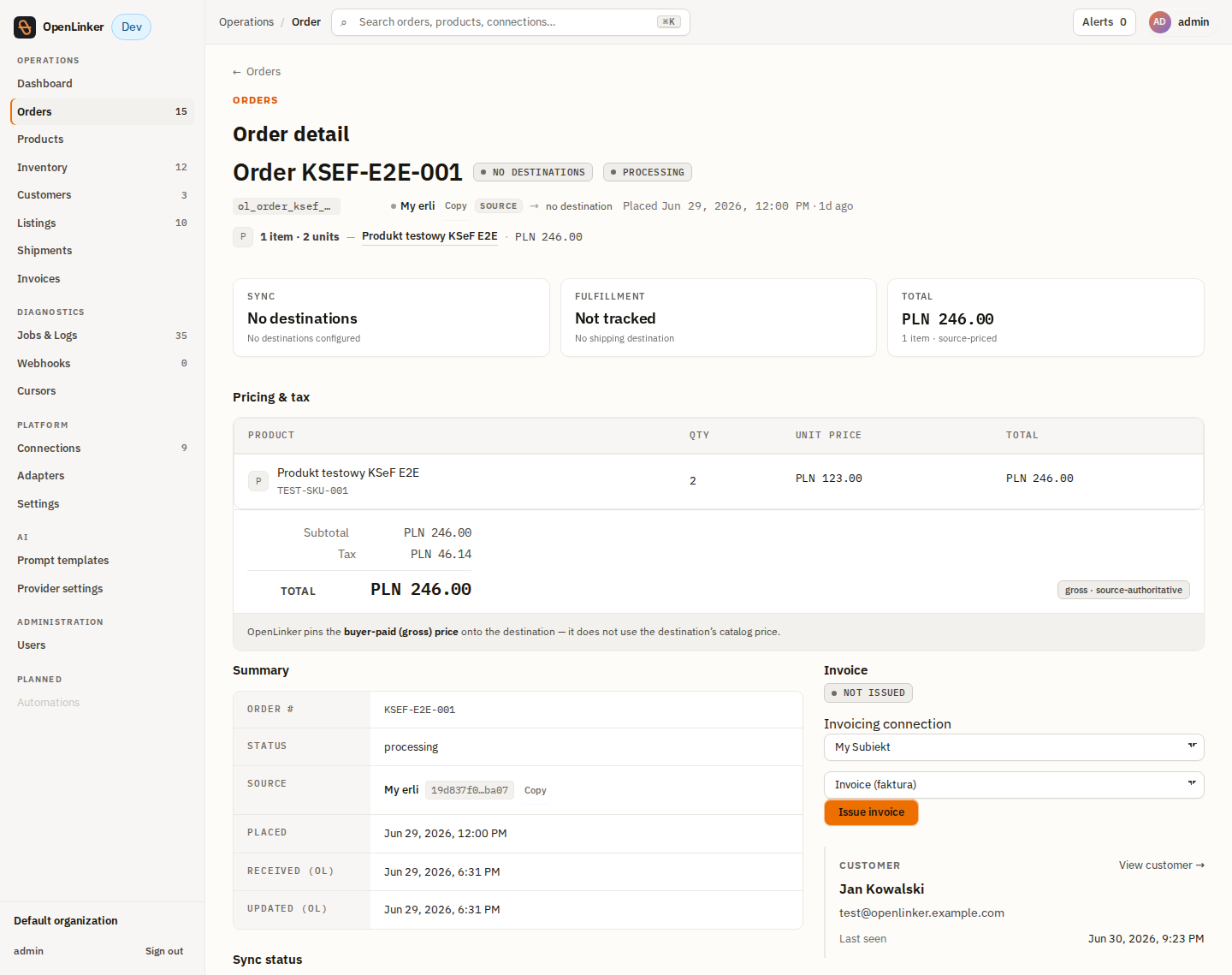 Order detail — Invoice panel, not issued, with the document-type dropdown + Issue button
