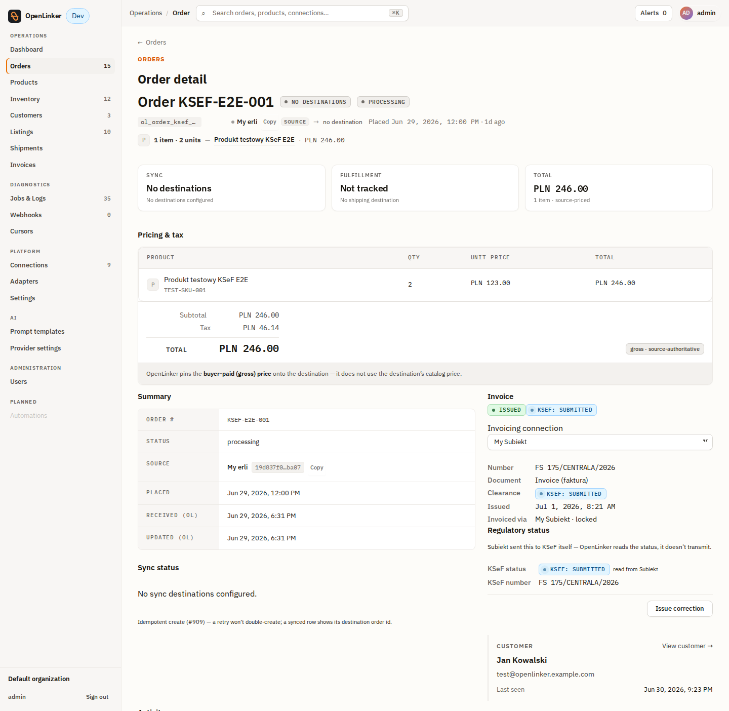 Order detail — invoice issued (FS …, KSeF sent)
