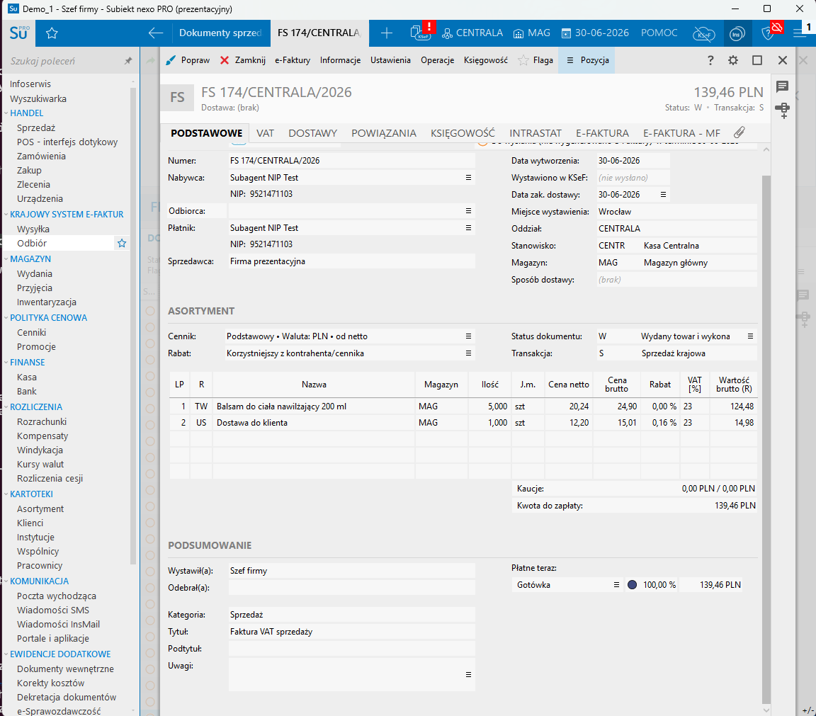 Subiekt nexo — the issued faktura open (lines, VAT, buyer)