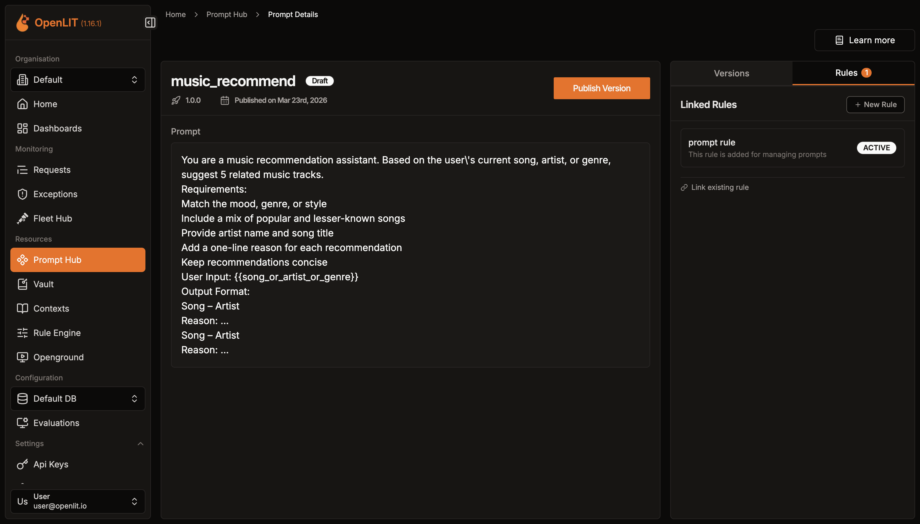 Prompt Hub prompt detail page with versions and linked rules