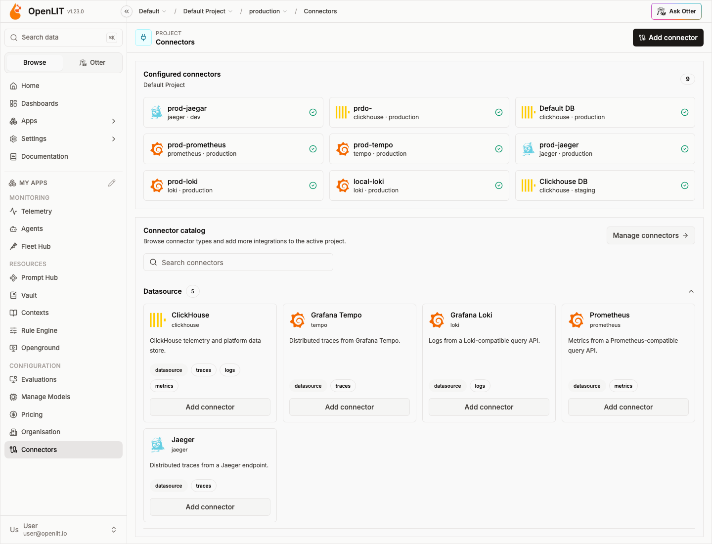 Connectors catalog with ClickHouse, Grafana Tempo, Loki, Prometheus, and Jaeger