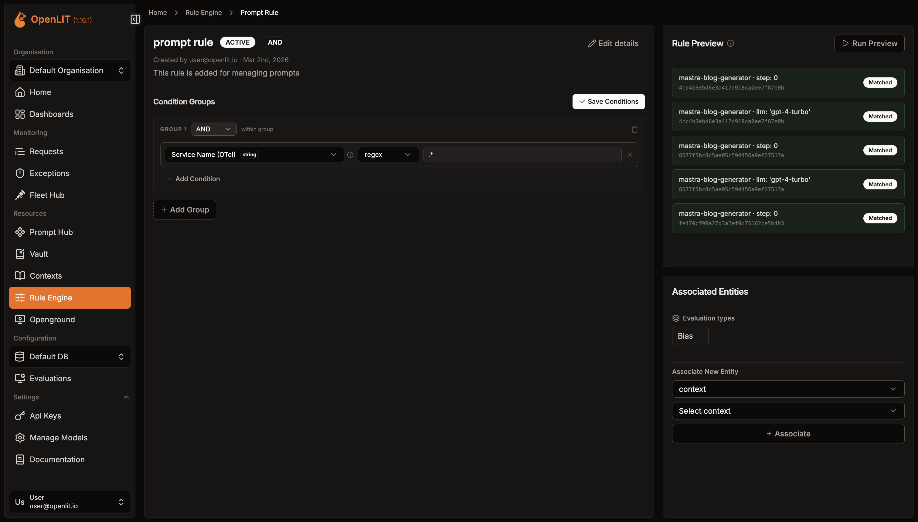 Rule Engine rule detail page with condition groups and live rule preview