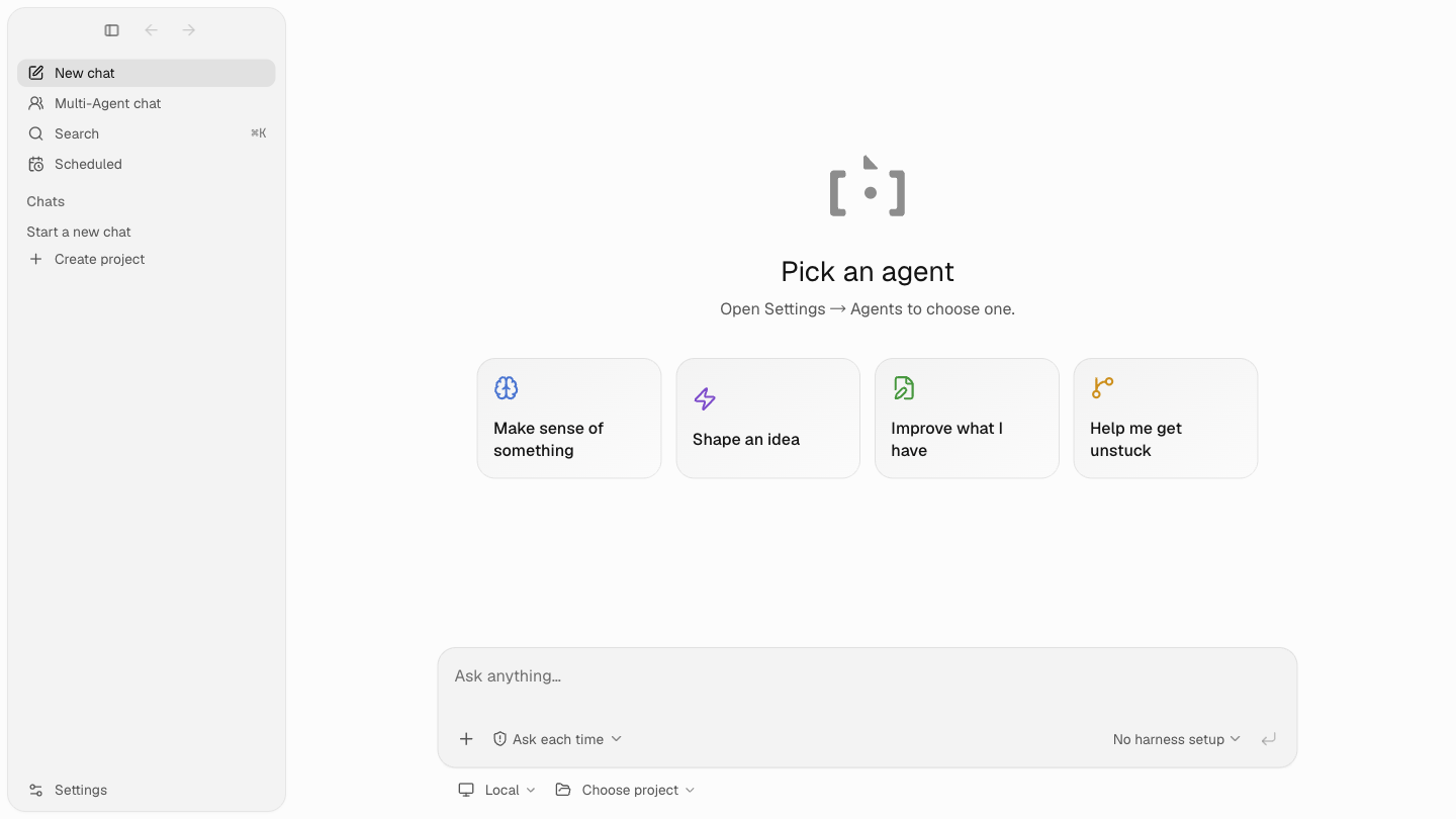 Backchat home screen with project and agent selection