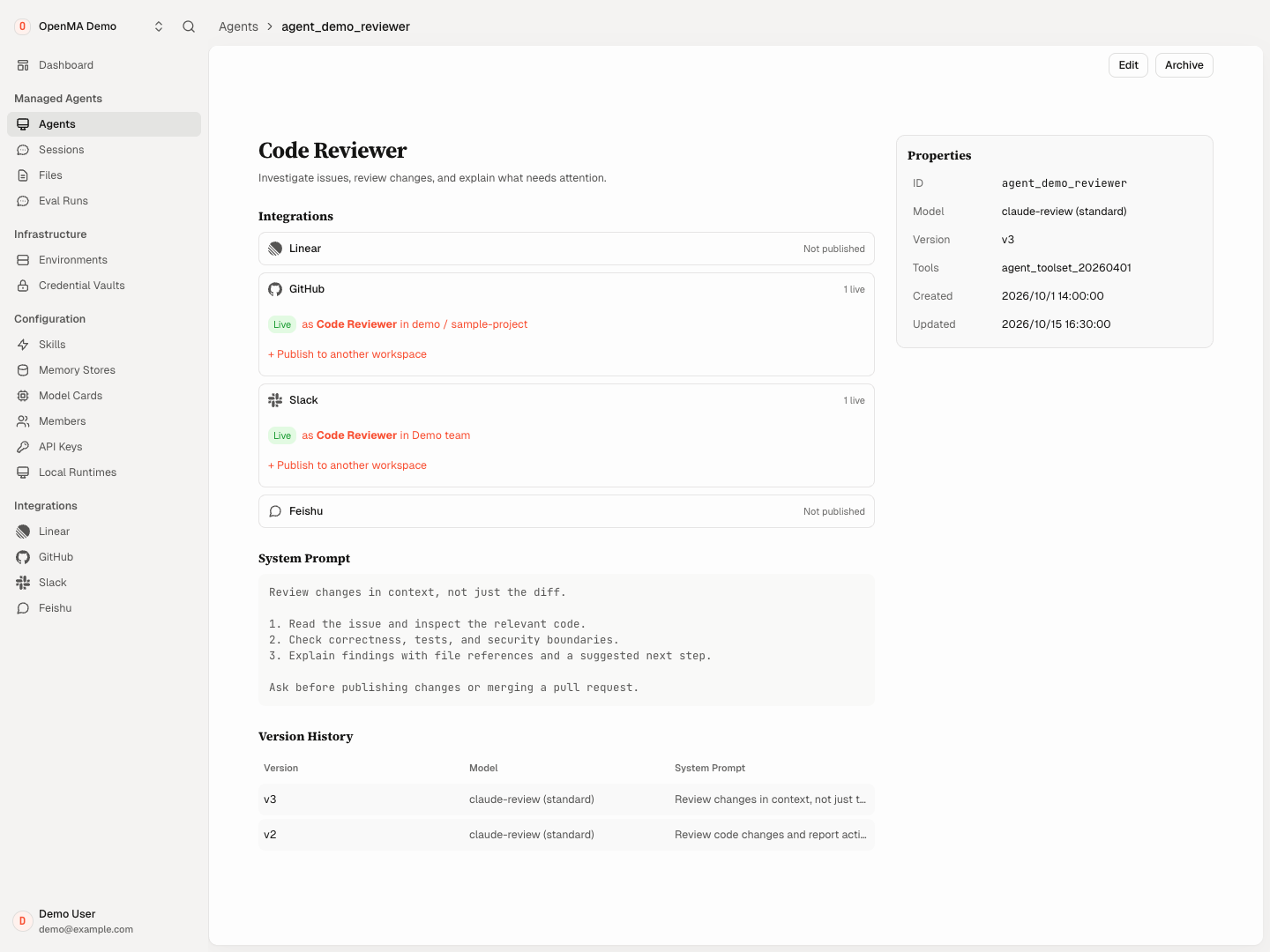 OpenMA Console: Agent configuration, integrations, and version history in light mode
