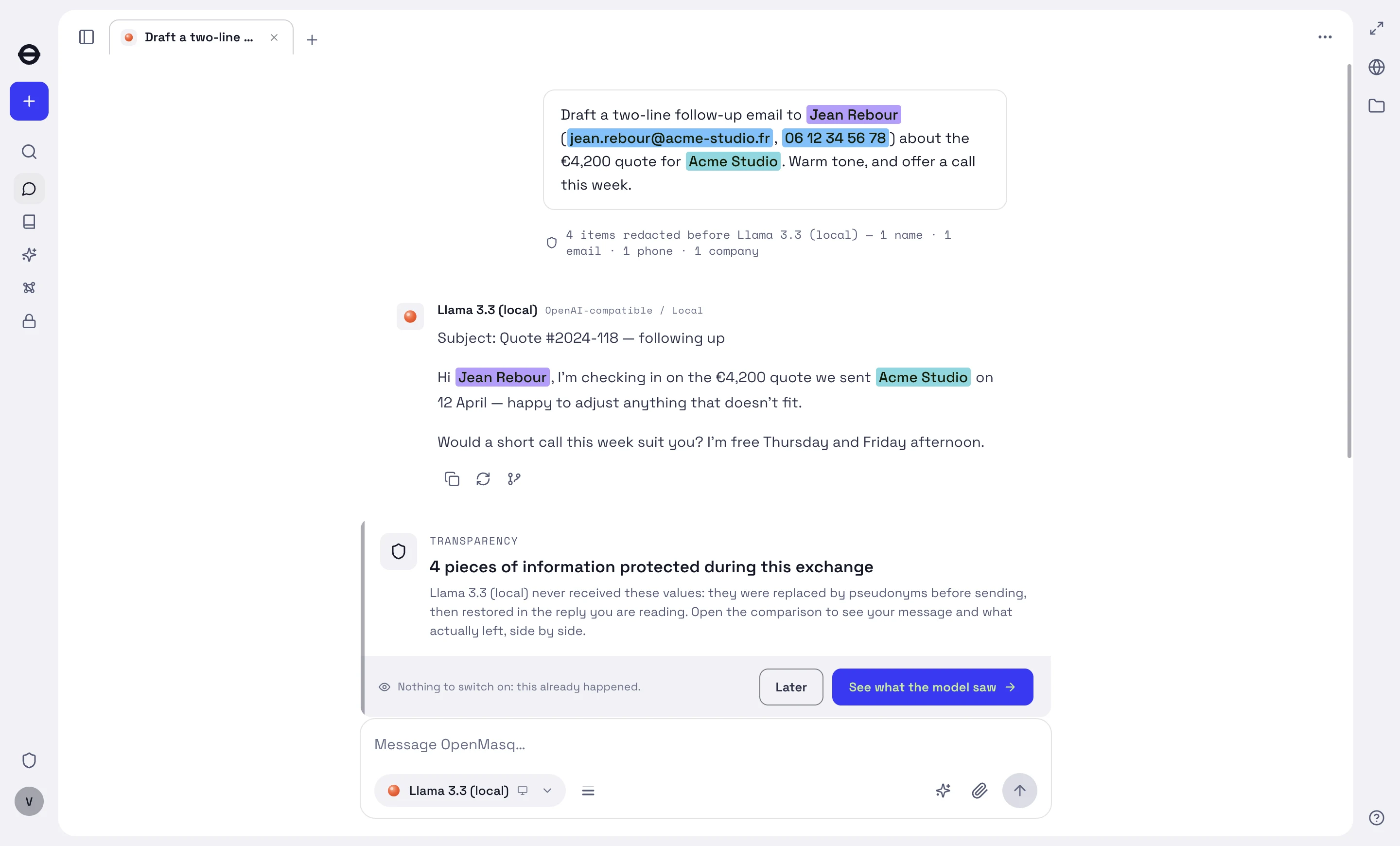 The conversation: four values highlighted in the prompt, the reply restored, and the transparency card