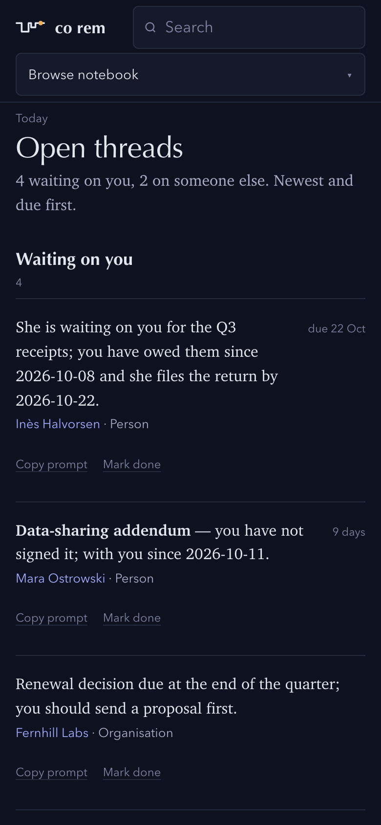 Open threads on a phone in dark mode, each with Copy prompt and Mark done