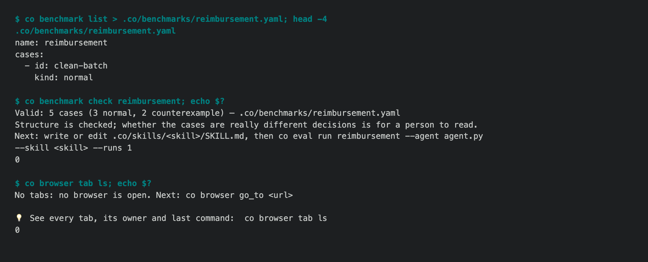 The benchmark example saves from stdout and checks as valid; tab ls starts nothing