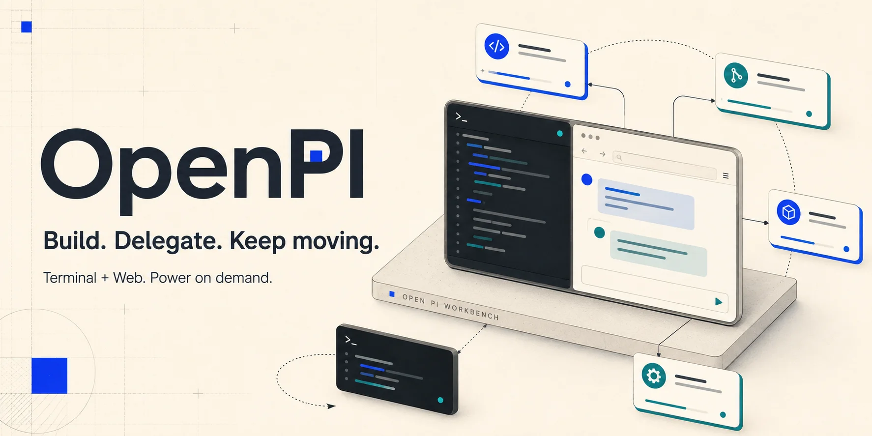 OpenPI — Build. Delegate. Keep moving. 终端与本地 Web、独立子代理、后台任务的概念插画。