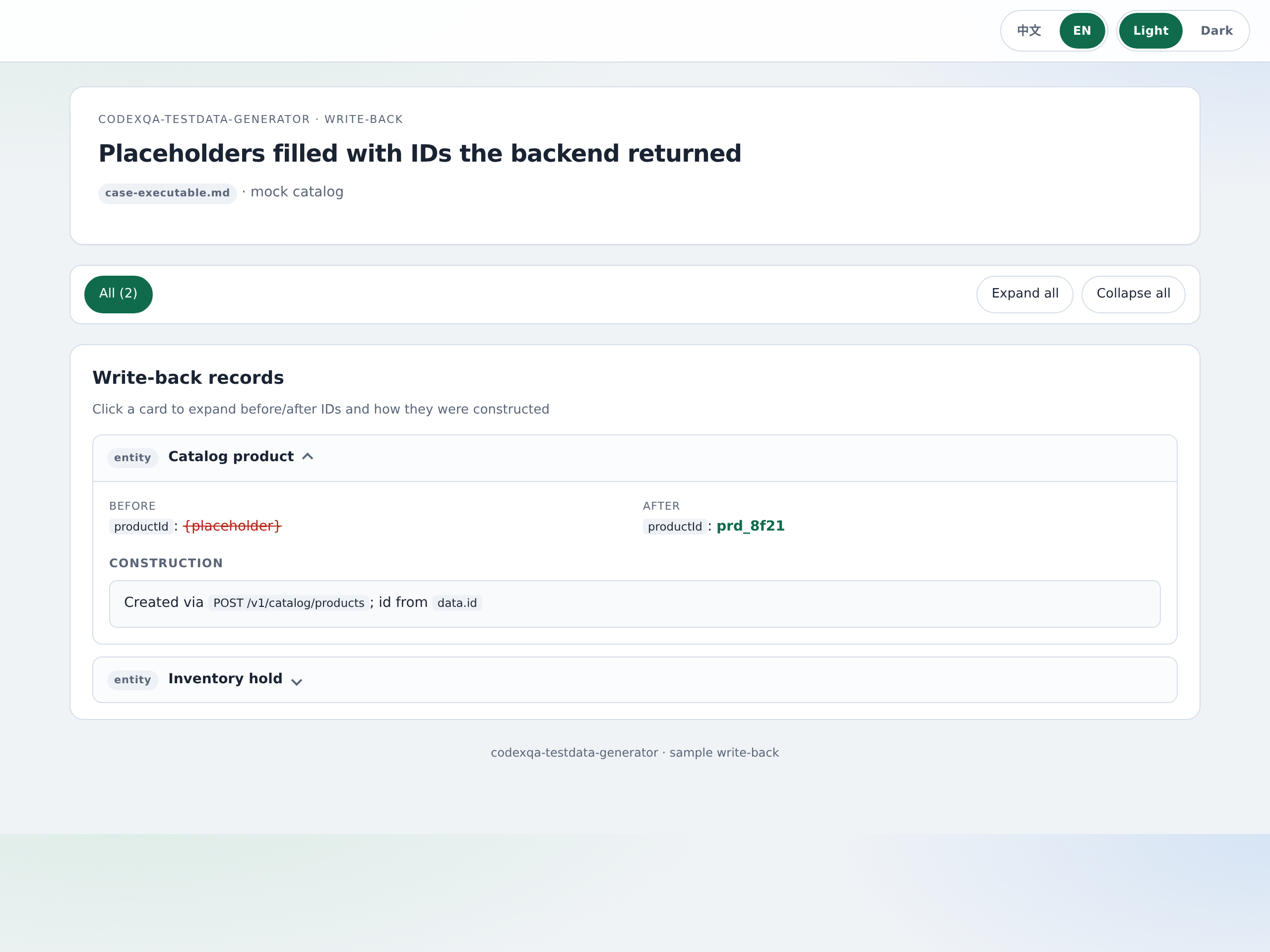 Sample testdata write-back replacing placeholders