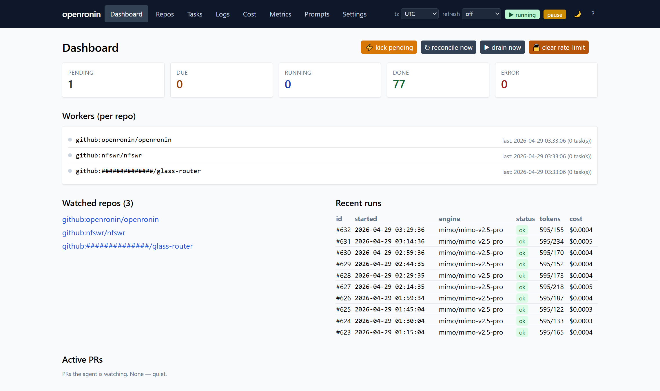 openronin admin UI dashboard: counters for pending/due/running/done/error tasks, a per-repo workers panel with live busy indicators, watched repos list, recent runs table showing engine/status/tokens/cost per run, and an active PRs section