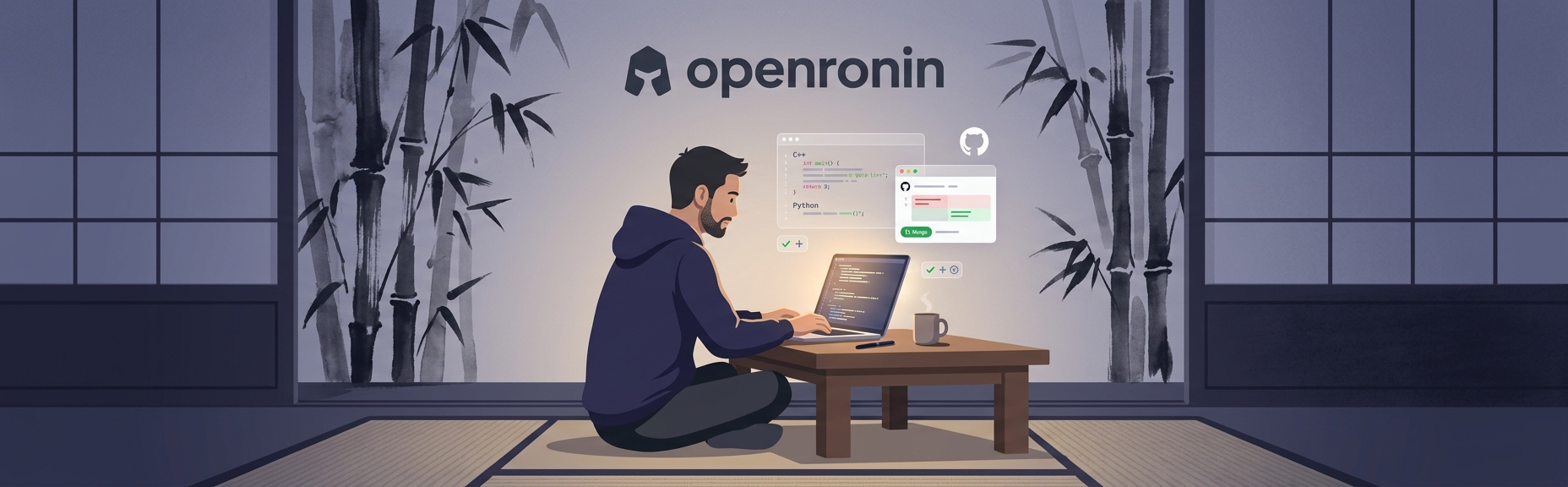 openronin — a hooded ronin working at a low desk on a laptop, with a GitHub-style pull request panel floating above the screen, in a quiet Japanese-style room with bamboo and shoji panels
