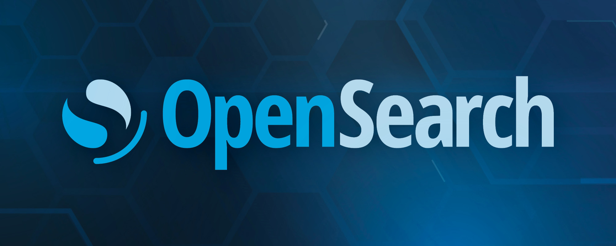 OpenSearch logo and name on top of a dark blue background with a slight honeycomb pattern