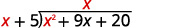 The initial step of polynomial long division, showing x^2 + 9x + 20 divided by x + 5, with x as the first term of the quotient.