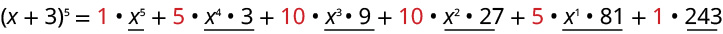 A mathematical equation illustrating the binomial expansion of (x + 3)^5. The expansion shows coefficients (1, 5, 10, 10, 5, 1) in red, multiplied by decreasing powers of 'x' and increasing powers of '3'.