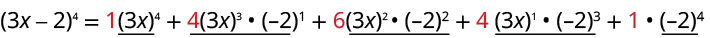 The image shows the binomial expansion of the expression (3x - 2)^4. It illustrates the application of the binomial theorem using the coefficients from Pascal's triangle (1, 4, 6, 4, 1) and demonstrating the decreasing powers of (3x) and increasing powers of (-2) for each term.