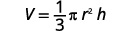 A mathematical formula for the volume of a cone, shown as V = (1/3) * pi * r^2 * h, where V is volume, pi is approximately 3.14159, r is the radius, and h is the height.
