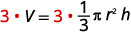 The mathematical equation 3 multiplied by V equals 3 multiplied by 1/3 multiplied by pi, r squared, and h. This represents multiplying both sides of the volume formula for a cone (V = 1/3 * pi * r^2 * h) by 3, which is a common step to remove the fraction 1/3 from the right side of the equation.