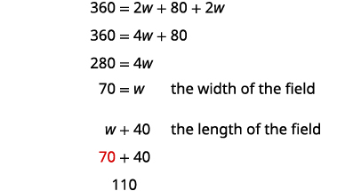 Calculation showing the steps to determine the width (70) and length (110) of a field, derived from the equation 360 = 2w + 80 + 2w.
