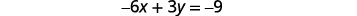A mathematical equation is displayed on a white background, which reads '-6x + 3y = -9'.