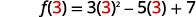 The image shows a mathematical equation: f(3) = 3(3)^2 - 5(3) + 7. The number 3 is highlighted in red, indicating its substitution into the function.