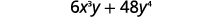 A mathematical expression 6x^3y + 48y^4 is displayed in black text on a white background, featuring variables x and y raised to powers, coefficients, and an addition operator.