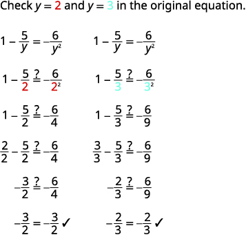 Two columns demonstrate checking solutions y=2 and y=3 for the equation 1 - 5/y = 6/y^2, showing step-by-step calculations that confirm both values are correct.