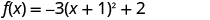 A mathematical equation is displayed against a white background. The equation reads: f(x) = -3(x + 1)^2 + 2. It represents a quadratic function in vertex form.