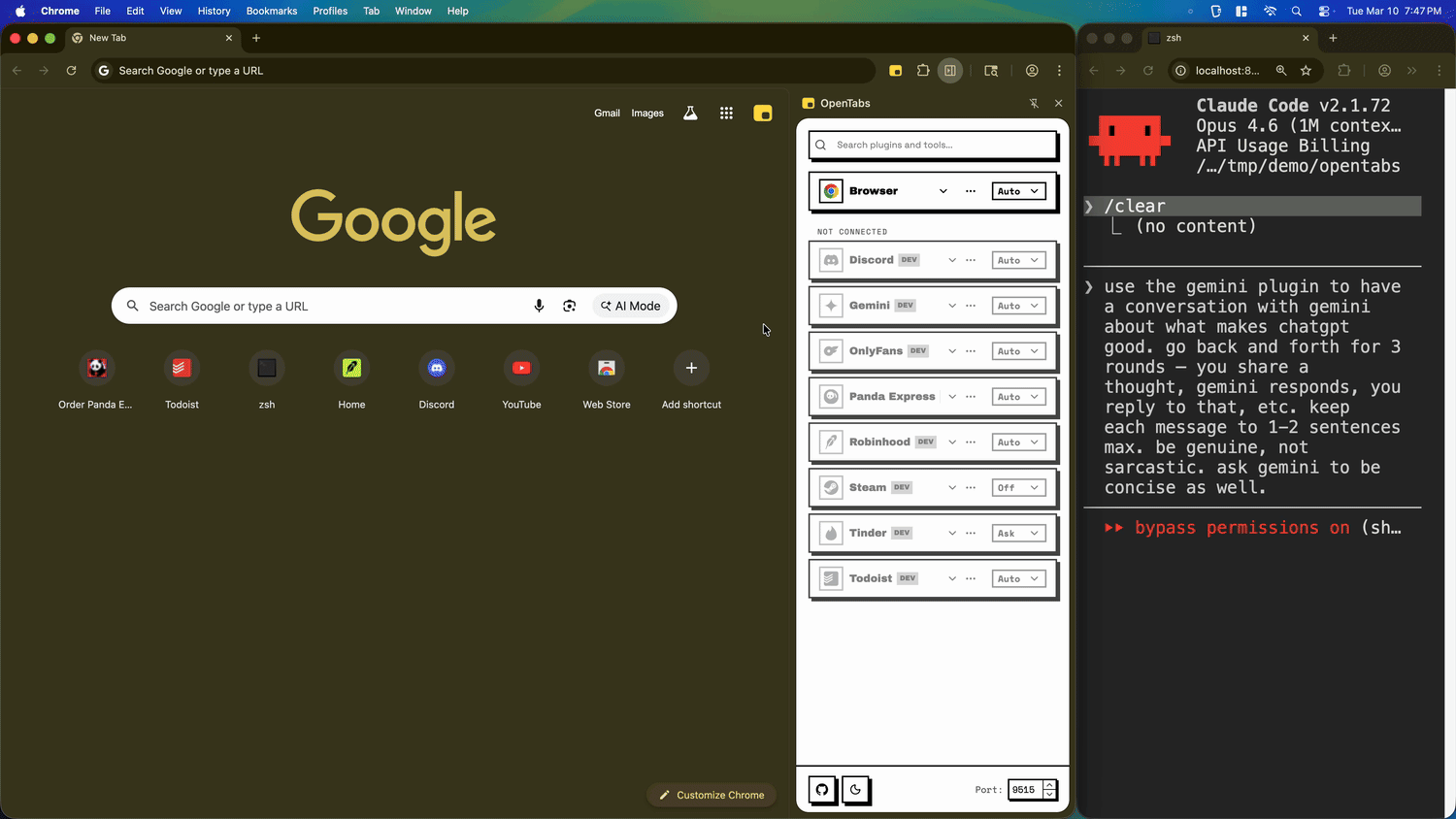 Claude talking to Gemini about ChatGPT through OpenTabs