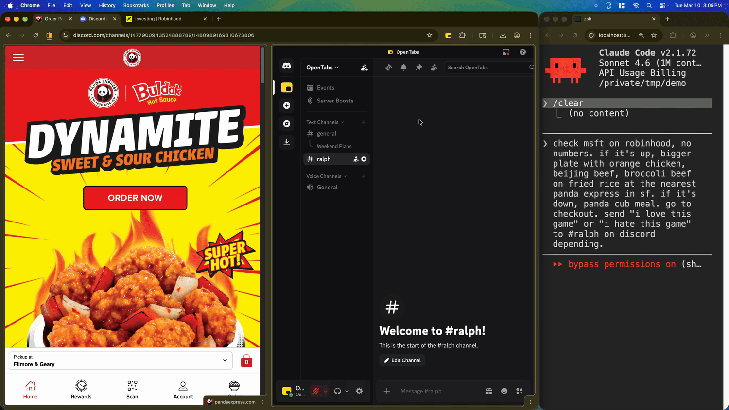 Demo: AI checks stocks, orders Panda Express, and sends a Discord message — all through the browser