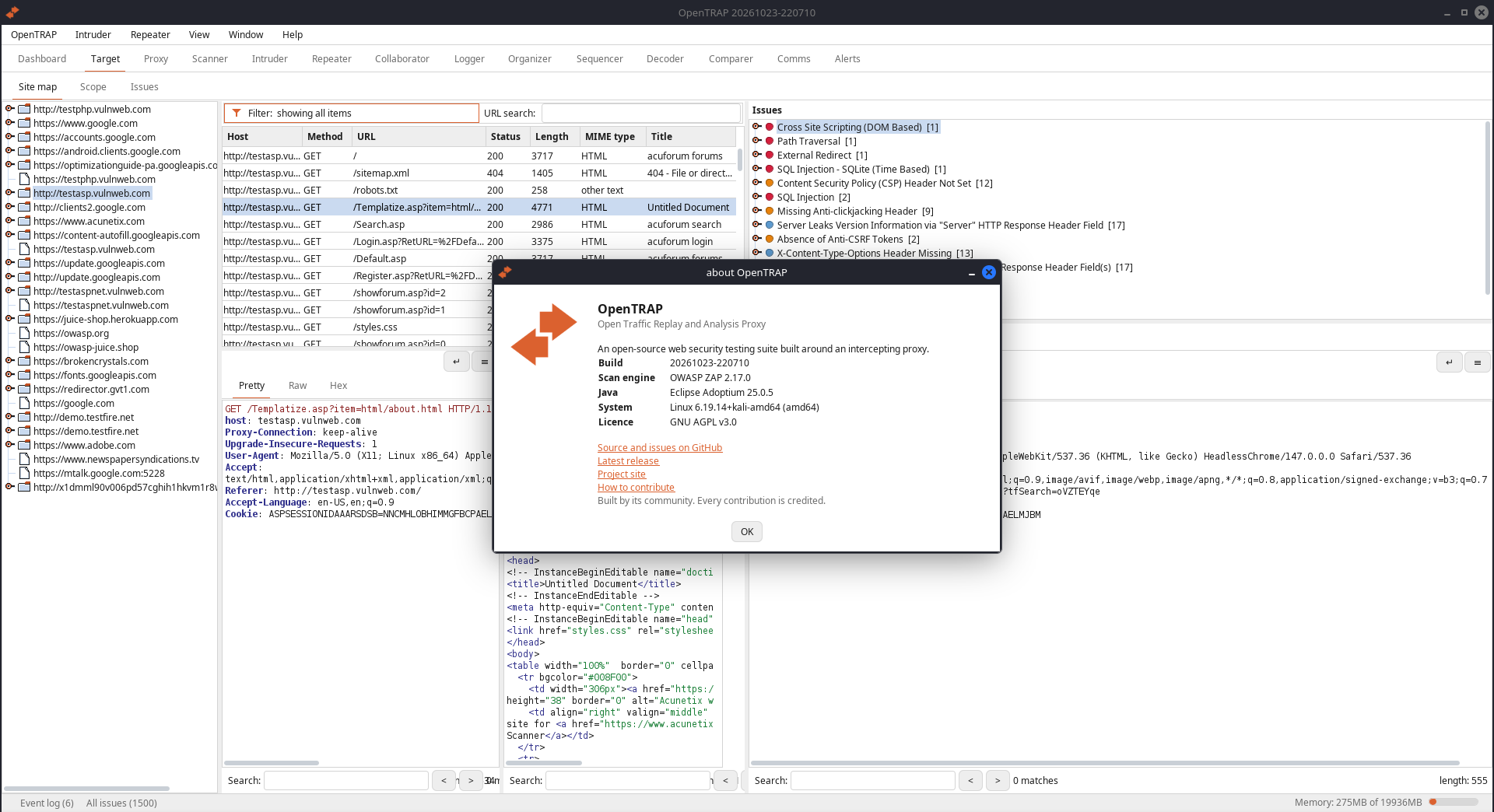 About OpenTRAP dialog showing the build, the scan engine in use and where it comes from, the runtime, the licence and project links