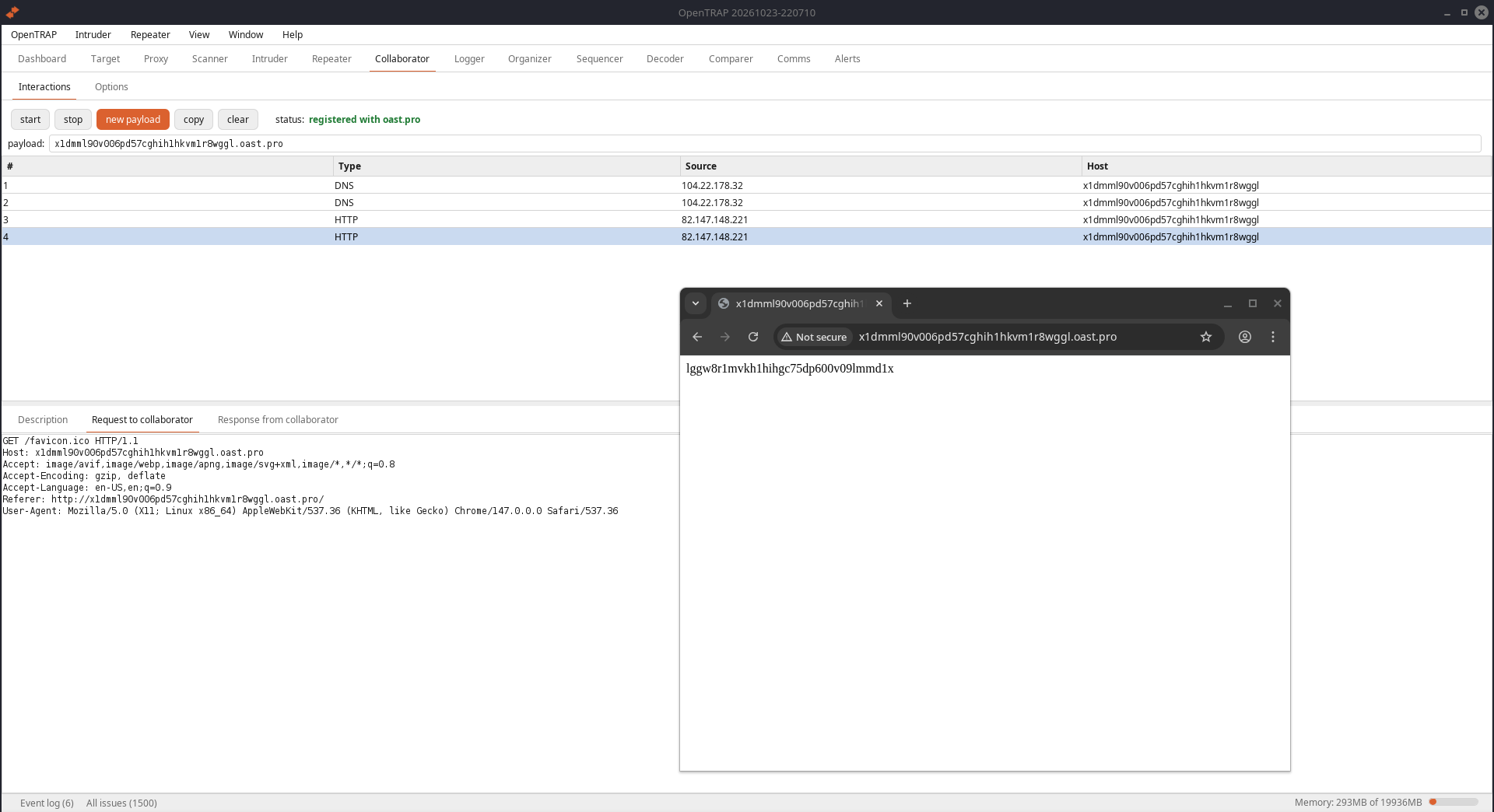 Collaborator tab listing captured out-of-band DNS and HTTP interactions with the request to the collaborator shown