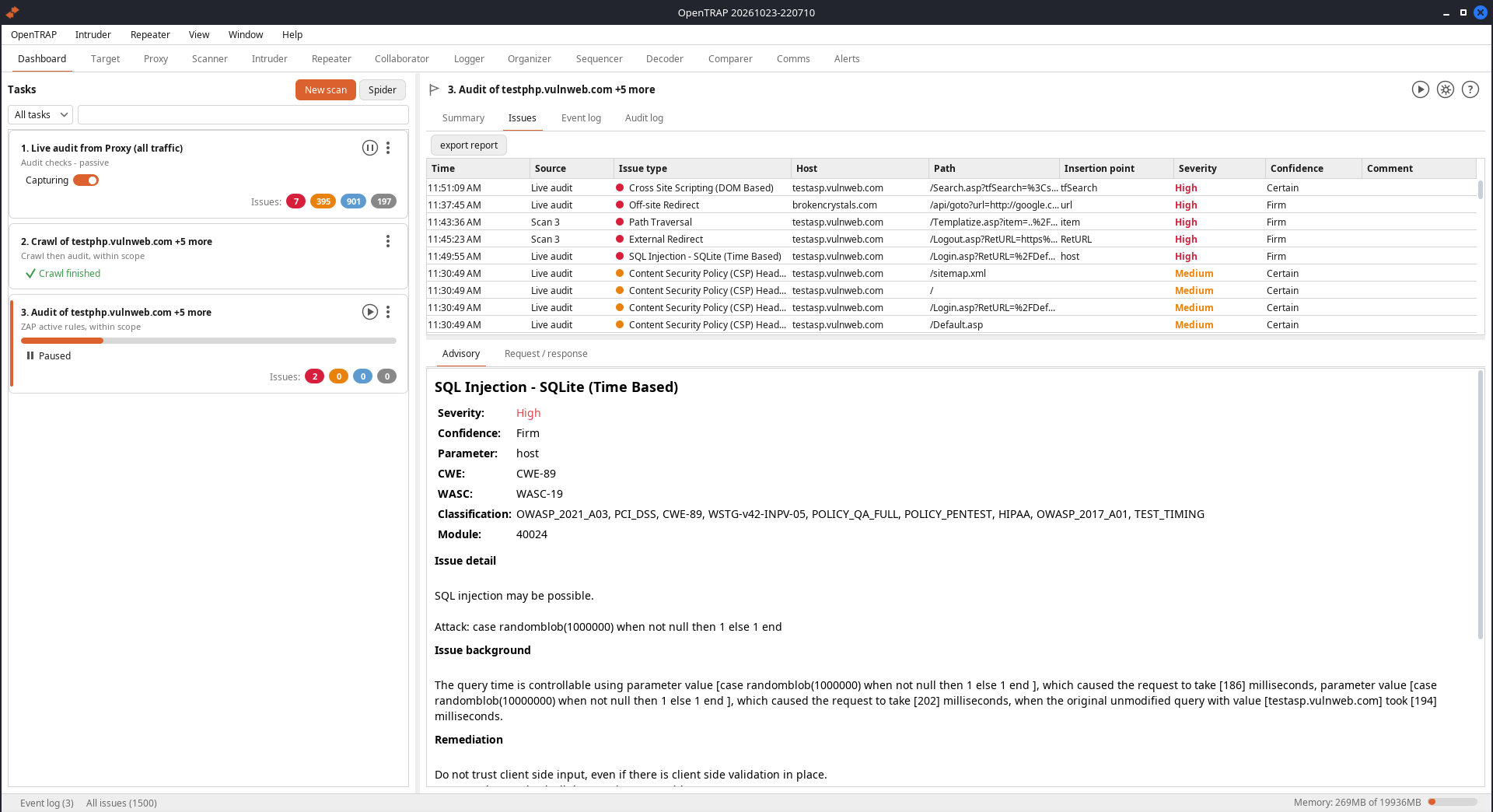OpenTRAP dashboard with a crawl finished, an active audit running, and the live table of the most serious vulnerabilities found
