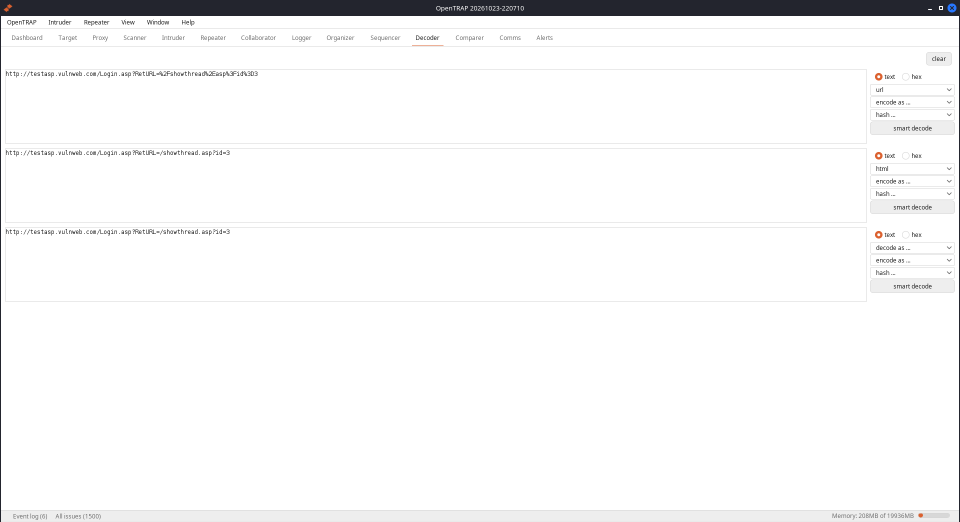 Decoder tab with a URL-encoded path-traversal string decoded to plain text through a transform pipeline