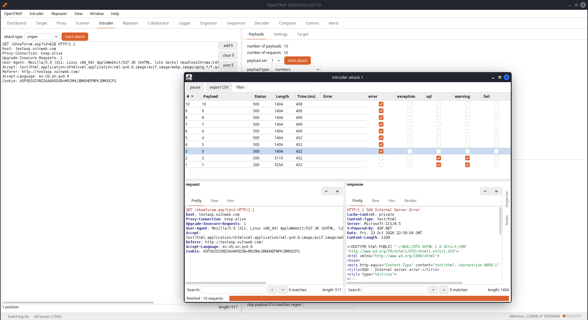 Intruder tab running a sniper attack, with the live attack table of payloads, status, length and timing