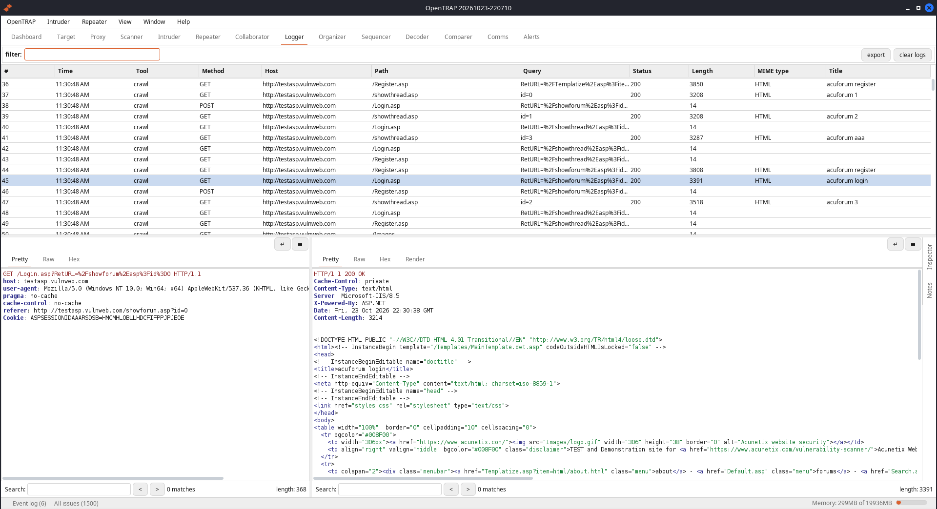Logger tab with a filterable table of every request made by the audit, with request and response viewers below