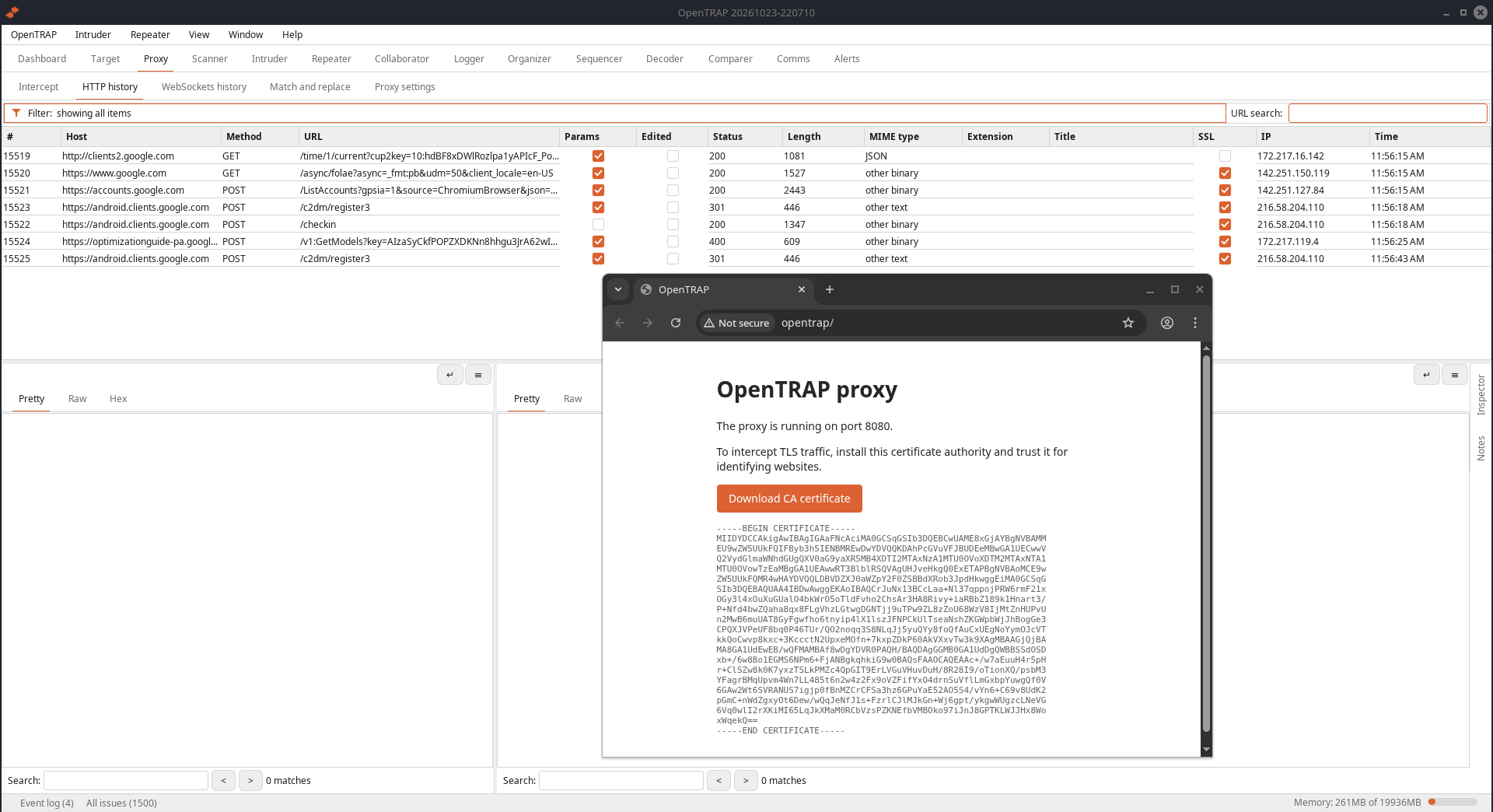 Proxy tab with interception, and the built-in Chromium browser opened from it, routed through the proxy and showing the certificate authority page